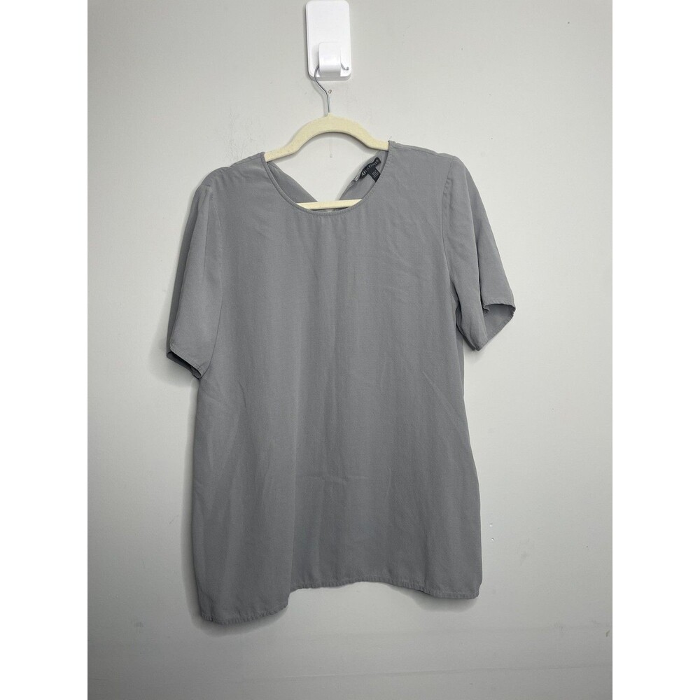 Eileen Fisher Shirt Womens Medium Gray Silk Keyhole Back Tunic Blouse Top